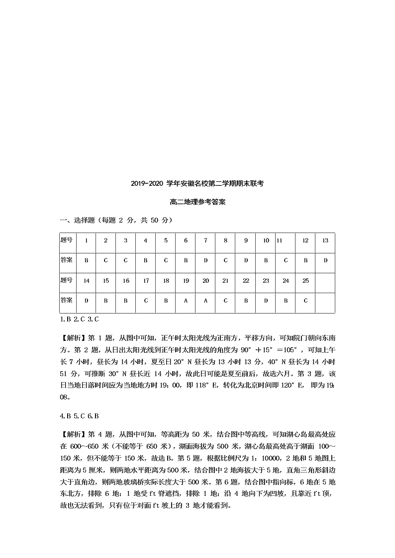 安徽省名校2019-2020高二地理下学期期末联考试题（Word版附答案）